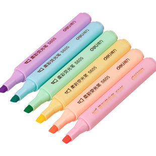 Deli Highlighter 6-color Soft Color Fluorescent Marker Light Color Marker Students Draw Key Points with Candy Color Oblique Head