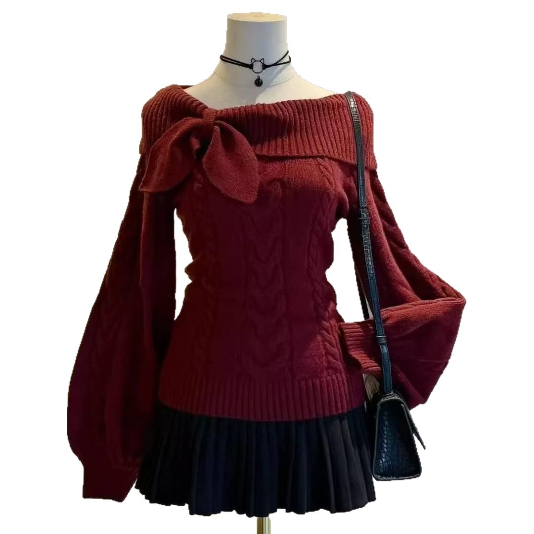 Cross-Border Women's Clothing Foreign Trade Knitted Jacket with Gentle Rabbit Ear Knot Lapel, Off-Shoulder Long-Sleeved Sweater, Quality Design Button Knitted