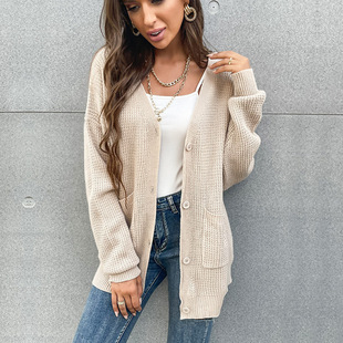 Amazon Independent Station Cross-border Autumn European and American Solid Color V-Neck Button Pocket Cardigan Knitted Sweater Jacket for Women