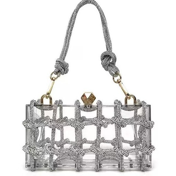 French-style popular cross-border sparkly transparent acrylic box diamond hand-woven women's bag for hand-held and crossbody use.