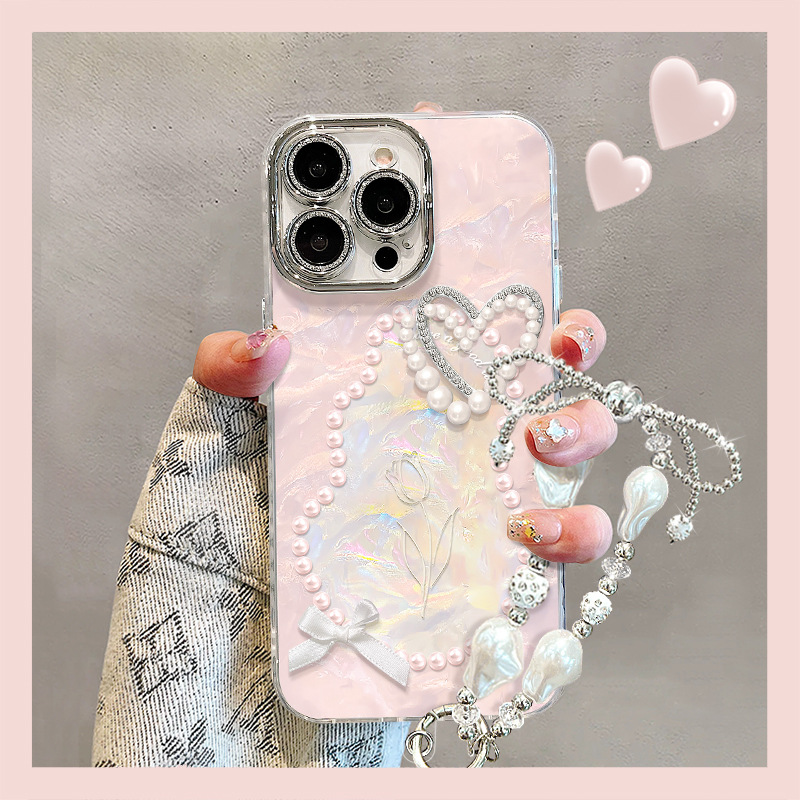 Suitable for Apple 17 Pro Max phone case, 16 pearl bow bracelet for Mate 80, high-end feel, 15 light luxury, 14 women's.