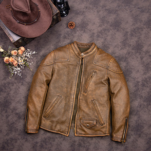 American retro venom motorcycle leather men's yellow brown collar cowhide jacket. Stone Mill Dressed Slim Fit Jacket