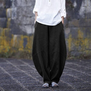 2024 Cross-border Foreign Trade Amazon Europe and America Cotton and Linen Loose Women's Casual Pants Stitching Solid Color Zen Meditation Pants