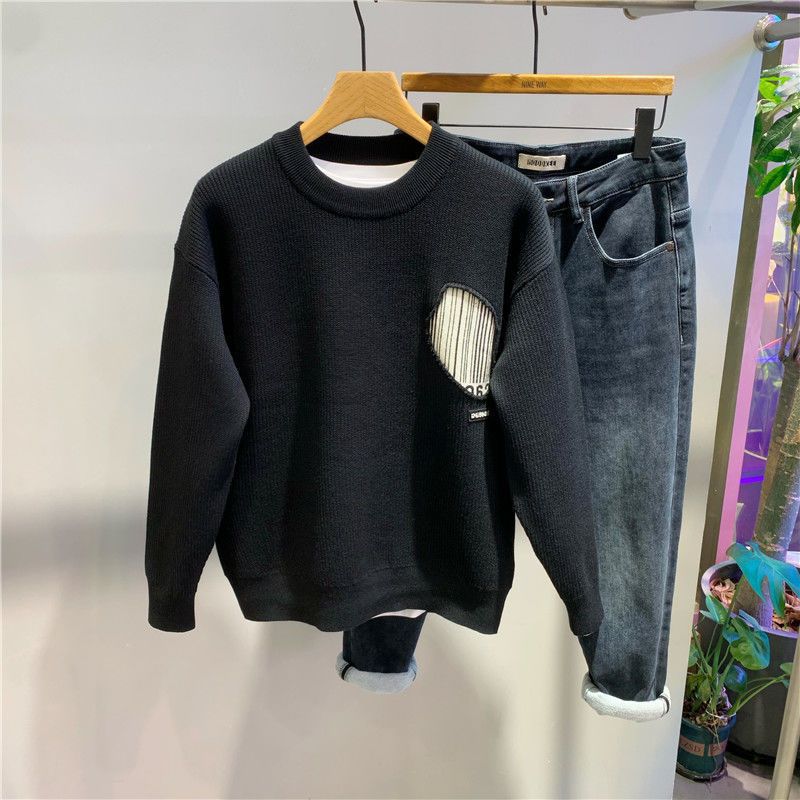 2024 New Autumn and Winter New Round Neck Color-Blocked Stripesd Sweater Loose Pullover Fashionable Knitted Men's Clothing