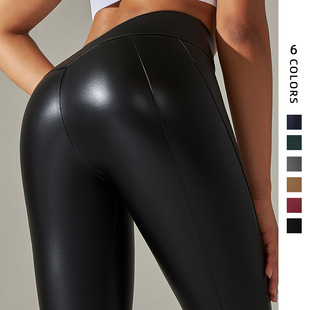 in stock New Cross-border Amazon Explosive Bright Leather Stitching Leather Pants Sexy Stretch Tight High Waist Cropped Pants for Women
