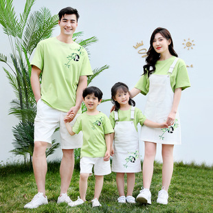 Chinese Pastoral Summer Clothing Parent-child Clothing Pure Cotton T-shirt Family of Three Four Family Decoration Suit Mother and Dresses Strap Skirt