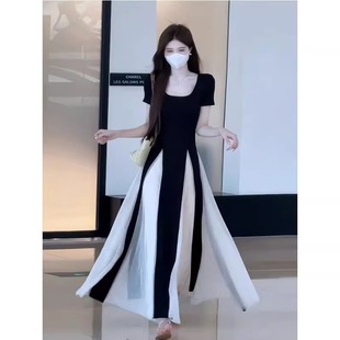 French Niche Design dress Women's 2025 Summer New High-end Color Contrast A- line Dress Slim-fit Slim-fit Long Dress