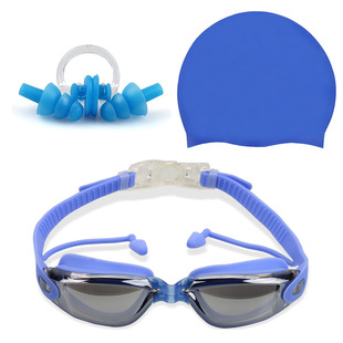 Cross-border Explosions HD Waterproof Anti-fog Swimming Glasses for Men and Women with Earplugs for Adults Electroplated Goggles Swimming Cap suit
