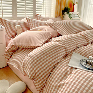 Japanese Style Thickened Sanding Four-piece Set Simple Student Dormitory Non-printed Style Washed Cotton Plaid Bed Sheet Quilt Cover Three-piece Set