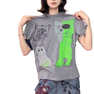 Cartoon Art Cat Printed Short-sleeved T-shirt Women's 2025 Summer New Fashionable Casual All-match Slim Look Trendy Top