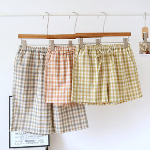 Plaid Simple Japanese Pajama Pants Women and Men's Summer Pure Cotton Cotton Washed Thin Beach Shorts Couple's Home Pants