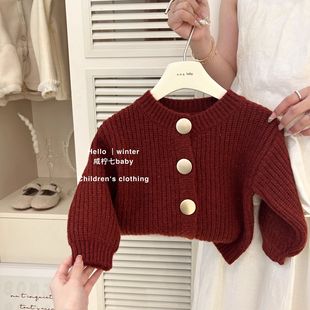 Girls' Knitted Cardigan 2024 New Children's Western Style Sweater Coat Women's Autumn and Winter Red Top suit