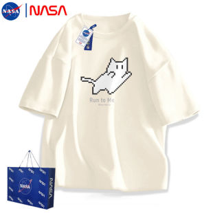 NASA японская футболка с короткими рукавами мужской 2024 новый подросток кот тренд с половиной рукава летняя пара хлопчатобумажная футболка