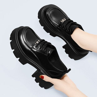 French style leather shoes Women's British Style 2024 spring new chunky heel versatile lace-up platform height increasing casual shoes