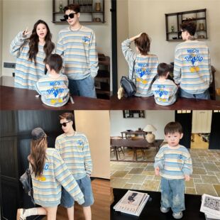 Korean version of mother and women's autumn clothing a family of three parent-child cute cartoon blue striped cotton sweater baby climbing clothing tide