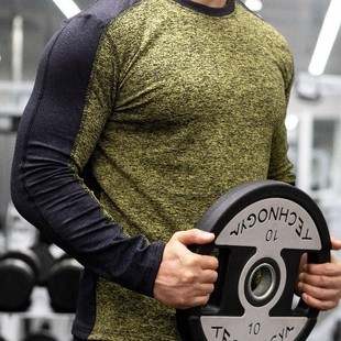 Autumn and winter new color matching American fitness long sleeve leisure stretch training long fleece-lined warm running sports base shirt
