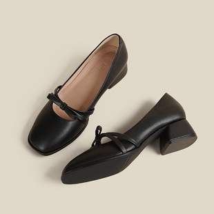 Soft leather chunky heel single-layer shoes for women 2024 new low-cut bow Mary Jane women's shoes professional work shoes for women