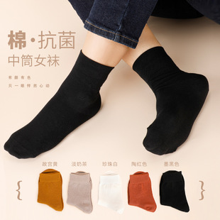 5A antibacterial women's cotton socks spring and autumn solid color deodorant sweat-absorbent hand sewing casual Joker tube women's socks wholesale four seasons