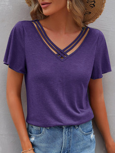 2023 Summer New Independent Station Amazon Hot Selling European and American Women's Solid Color Lotus Leaf Sleeve Short Sleeve Top T-shirt