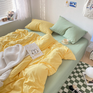 Ins Solid Color Double-piece Bed Four-piece Set Sanding Quilt Cover Washed Cotton Bed Sheet Student Dormitory Three-piece Set Bed Cover