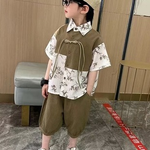 Boys Han Dynasty Summer Clothing Chinese Style Suit Kidsren's New Chinoiserie Shirt Tang Suit 24 Boys Ancient Style Short-sleeved Performance Clothing