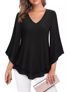 2024 European and American Cross-border Double-layer Mesh Women's Summer Seven-point Horn Sleeve Waist V-neck Flower Yoga Top