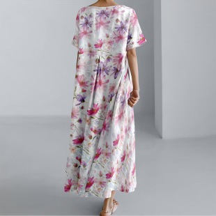 Cross-border Women's Beach dress Leisure Digital Printed Crewneck Pullover Short-sleeved Loose Dress