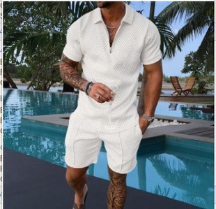 2022 cross-border European and American men's new independent station supply casual contrast color POLO zipper turtleneck short sleeve suit
