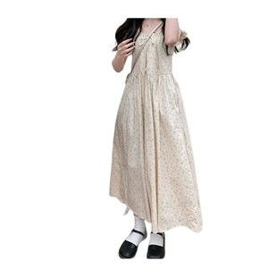 Puff Sleeve Square Collar Floral dress Women's Summer French Waist Sweet Pastoral Style First Love Platycodon grandiflorum A- Line Long Dress
