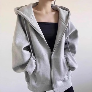 Solid color cardigan sweater coat women's 2024 explosions autumn and winter fleece-lined American retro lazy wind hooded loose top