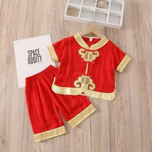 Китайский детский костюм Hanfu Tang хлопковое платье для мальчиков детская одежда с короткими рукавами летняя одежда