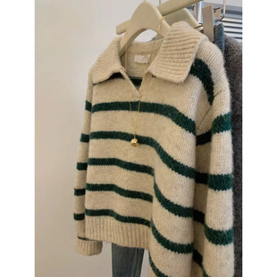 Korean striped lapel pullover sweater women's small lazy style V-neck sweater 2025 winter