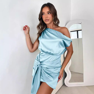 2024 European and American Summer Cross-border Women's New Solid Color Pleated dress Strap Sexy Slant Collar Off-shoulder dress