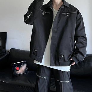 Hong Kong style lapel multi-zipper workwear jacket men's spring and autumn fashion brand high street loose all-match casual long-sleeved jacket