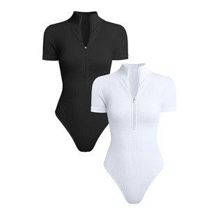 European and American cross-border Women's jumpsuit sexy rib one-piece short sleeve front zipper jumpsuit
