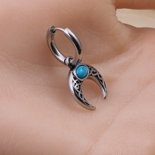 New Men's Piercing Earrings Stainless Steel Turquoise Moon Retro Hip Hop Men's Earrings