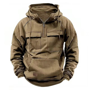 Cross-border New Men's Hooded Solid Color Sweat Spring and Autumn European and American Youth Sports All-match Multi-pocket Leather Top
