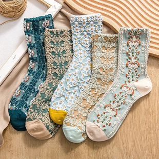 Mid-tube Hong Kong-style Palace-style Socks Women's Mid-length Socks Internet Popular ins Fashionable Japanese-style Korean-style Autumn and Winter High-top Stockings for Women