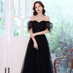 Black Evening Dress Women's 2023 Winter New Elegant Banquet Long Strapless French Style Starry Night Dress