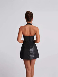 2024 Autumn New Fashion Sweet Hot Deep V Chest Hanging Neck Shoulder Shoulder Nose Leather Solid Color Backless dress Women