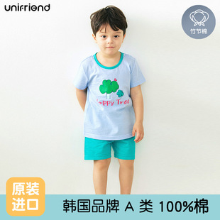 unifriend children's pajamas suit Girls' Home wear cotton suit baby boys' pajamas slub cotton short sleeve Class A