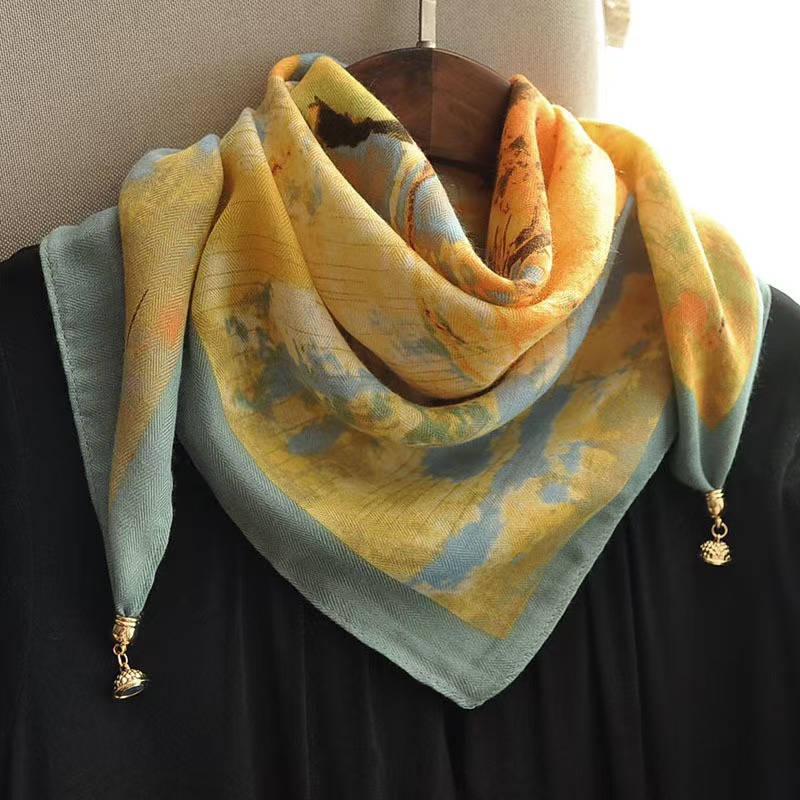 2024 New Style Warm Square Scarf with Magnetic Buckle, Triangular Silk Scarf, Cotton Scarf for Women, Stylish Neck Scarf for Spring, Autumn, and Winter, Versatile and Elegant