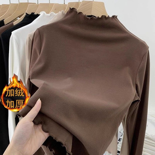 Double-sided velvet turtleneck fleece-lined bottoming shirt for women autumn and winter 2023 new western style versatile top with wooden ear collar