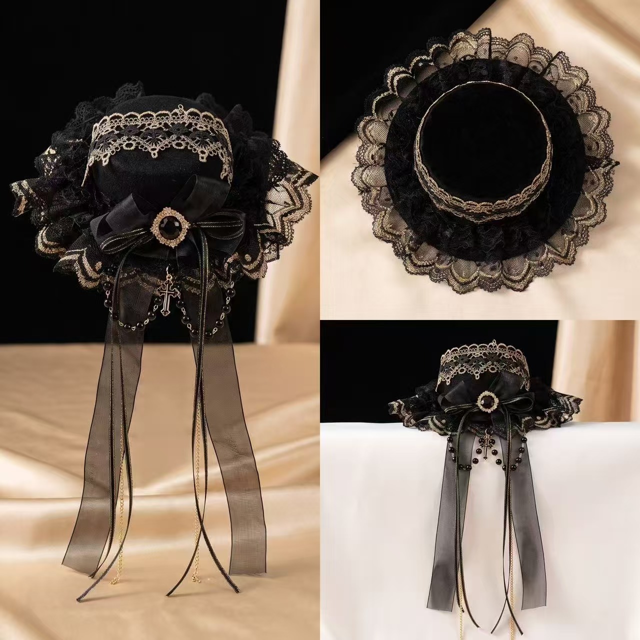 Lolita Asian Culture Panda Retro Piano Key Lace Headband Bunny Ear Headband Hairband Small Hat Girl's Headwear