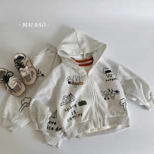 Maibao Children's suit 2024 Autumn New Boys' Hooded Cardigan Jacket Western Style Casual Pants Korean Two-piece Set