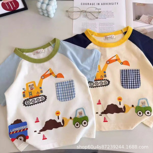 Japanese Boy's Excavator Short-sleeved T-shirt 2025 Summer New Arrival Men's Cute Cartoon Color Contrast Casual Top