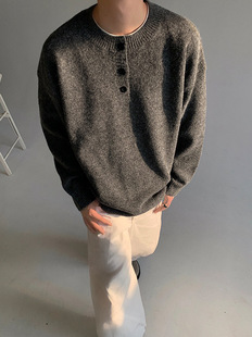 Grey American Style Retro Henry Collar Sweater Men's Autumn and Winter Lazy Style High-grade Sweater cleanfit Jacket