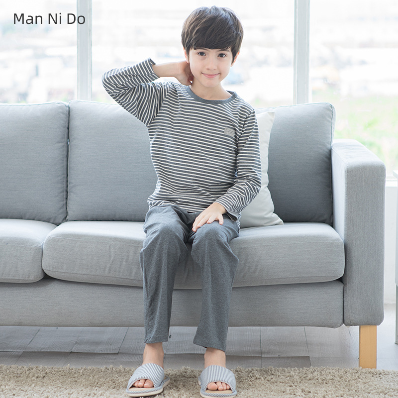 2026년 신상 아동 잠옷 남아 가을 순면 긴팔 큰아동 청소년 면 홈웨어 세트 남아용