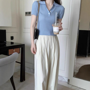 Summer Sweet Korean-style Polo Collar Thread Short Design Sense Slim-fit Short-sleeved Thin Breathable Wool Sweater