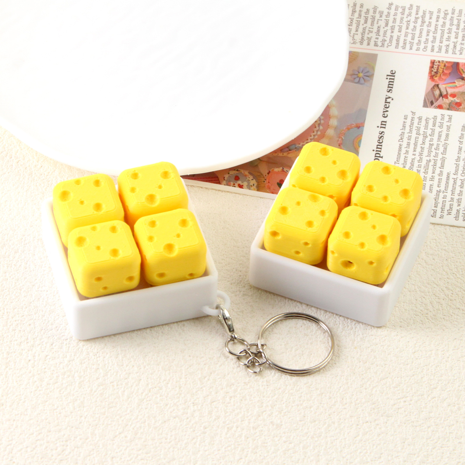Cross-Border Four-Grid Cheese Stress-Relief Button Keychain 3D Printed Bag Pendant Desktop Ornament Accessory